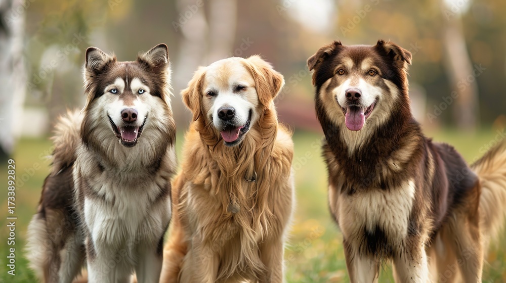 Obraz premium World Dog Day Celebration: Featuring Golden Retrievers, Alaskan Malamutes, and Australian Shepherds—Celebrating Loyalty, Companionship, and the Unique Charms of These Beloved Dog Breeds