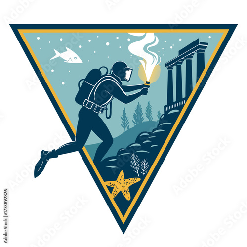 A diver explores an underwater ancient ruin with a torch.