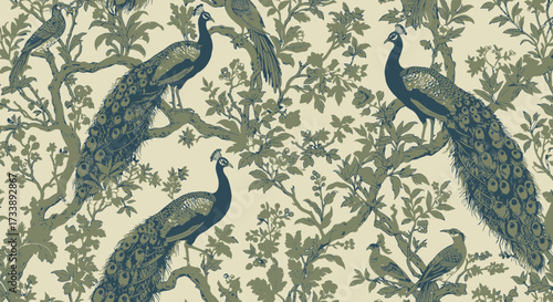 Elegant peacock and bird pattern in a botanical illustration style for decoration