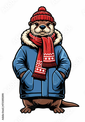 Otter in winter clothes with red knitted scarf and pompom hat. Cute animal in winter clothes looks adorable in its blue hooded coat, creating cozy holiday vibes. Depicting otter in winter clothes,