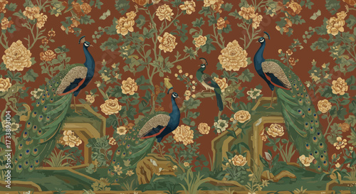 Elegant tapestry design featuring peacocks and roses against a reddish-brown backdrop