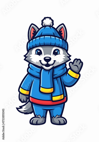 Wolf in winter clothes illustration, adorable cartoon of a cute wolf wearing a blue hat and scarf on white background. This wolf in winter clothes is standing upright with happy expression,