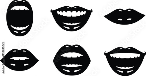 Lips set laughing mouth icons silhouette editable vector illustration 