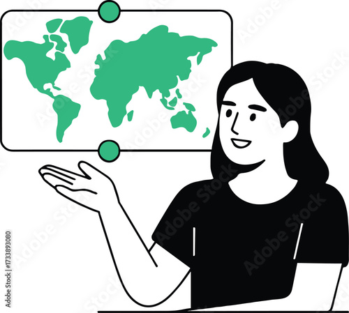 Vector art of a woman is presenting a world map she is explaining the world she is a teacher she is a student she is a presenter