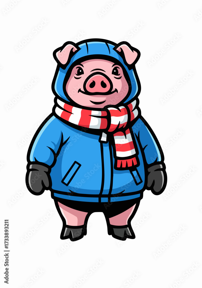 Fototapeta premium Animal in winter clothes stands cheerfully, wearing a blue coat and striped scarf, embodying adorable charm. Animal in winter clothes is ready for cold weather, creating a heartwarming scene.