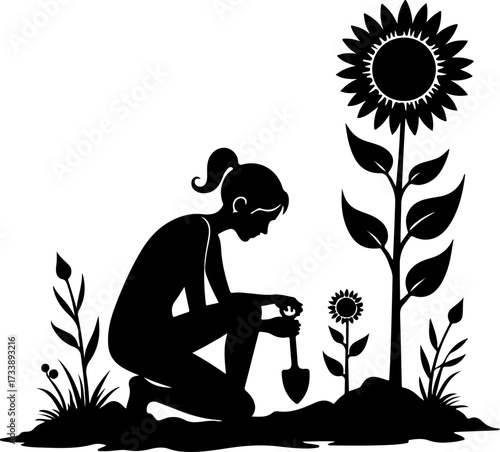 Woman Gardening with Sunflower Silhouette