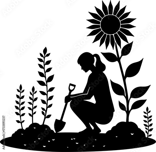 Woman Gardening with Sunflower Silhouette