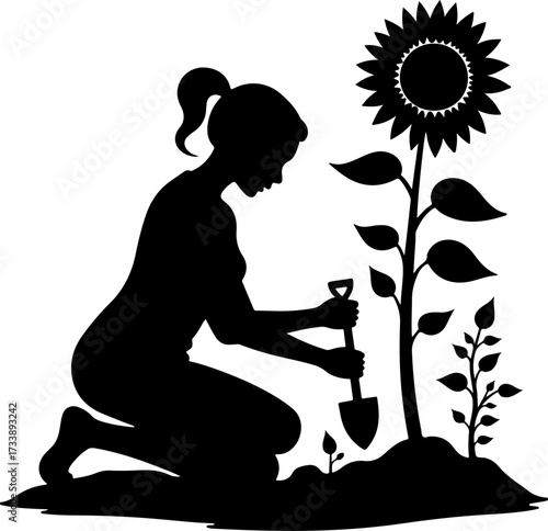 Woman Gardening with Sunflower Silhouette