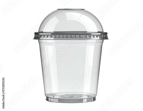 A clear plastic beverage cup with dome lid, viewed at eye level on a black background