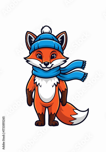 Fox in winter clothes wearing warm knitted hat and scarf stands smiling against white backdrop. Fox in winter clothes protects against the winter chill, looking cute and cheerful.