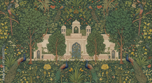 Enchanting depiction of a palace garden with peacocks in a botanical paradise