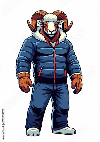 Animal in winter clothes, an anthropomorphic ram standing upright wearing blue padded jacket. Ram character looks modern, stylish, and fashionable.