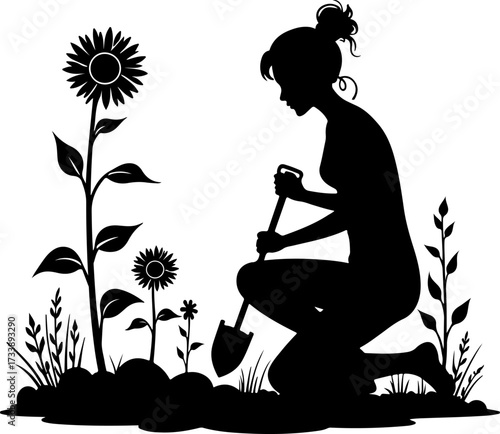 Woman Gardening with Sunflower Silhouette