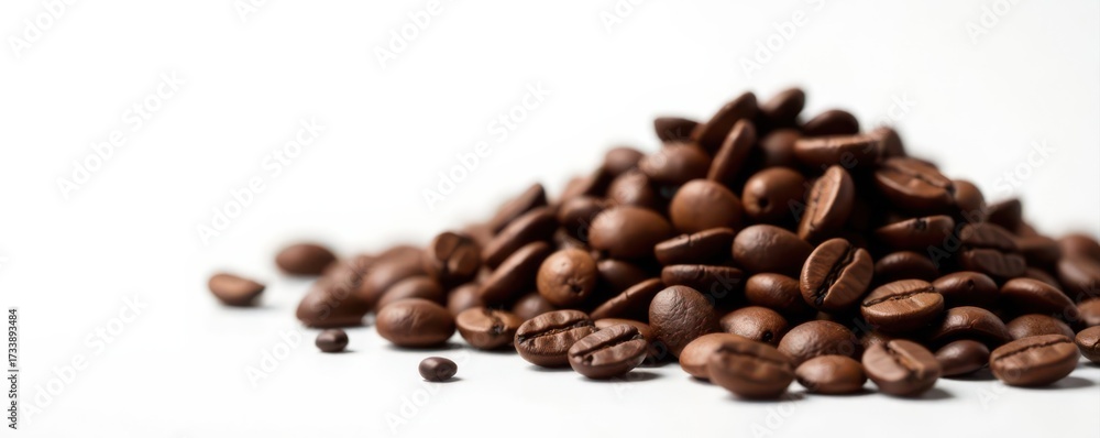 Fototapeta premium Pile of coffee beans against pure white backdrop, beverage, caffeine