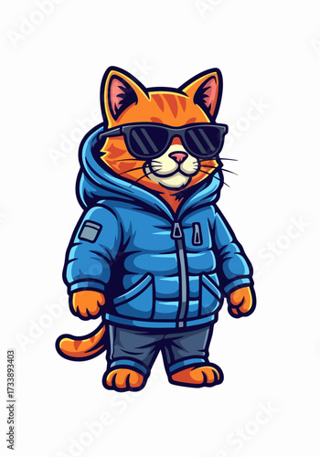 Orange cat in winter clothes with cool sunglasses on white background. Cat in winter clothes and blue puffer jacket, cartoon image with cool expression and striped fur.