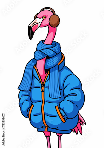 Flamingo in winter clothes, showcasing a delightful avian character, warmly dressed in cozy winter clothes against stark white backdrop. Detailed presentation includes fluffy ear muffs, bundled scarf,