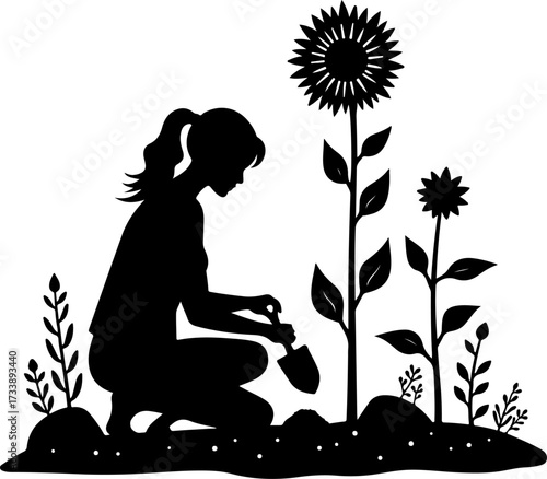 Woman Gardening with Sunflower Silhouette