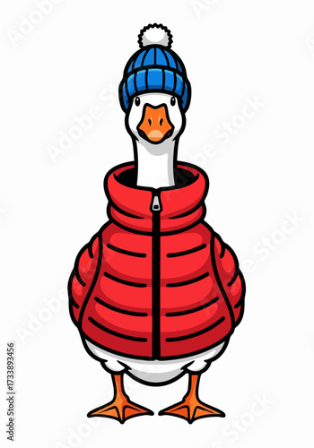 Goose in winter clothing shown in cartoon illustration with puffy red jacket and blue knit hat. Goose in winter clothing protects from snow and cold in funny fashion, making bold statement.