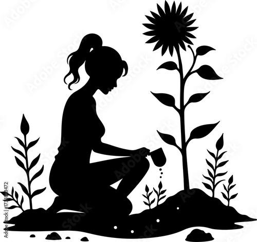 Woman Gardening with Sunflower Silhouette