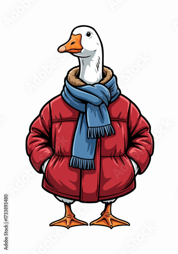 Goose in winter clothes with red coat and blue scarf, standing upright. Winter clothes help to keep warm in cold weather, goose looks stylish in coat and scarf.