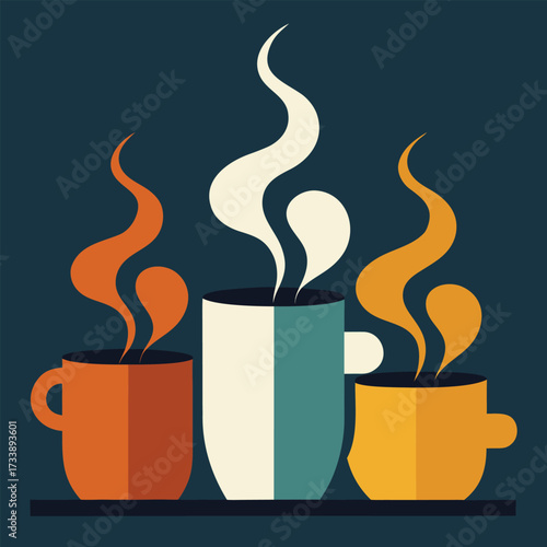 Three steaming coffee cups in different colors on a dark blue shelf