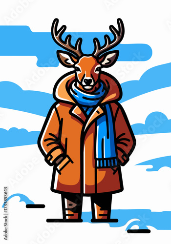 Deer in winter clothing with cozy coat and scarf on an illustrated background. Deer, an animal dressed in winter clothing, warms up with a stylish blue scarf.