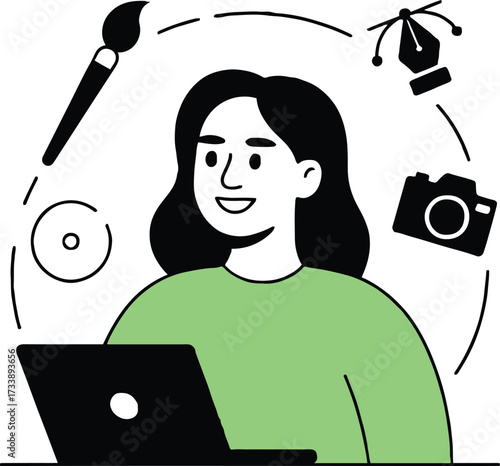 Vector art of a woman is working on her laptop, surrounded by design icons, she is wearing a green shirt and smiling