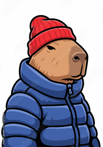 Cartoon capybara in winter clothing featuring a rodent wearing warm winter clothing with red knitted hat and blue puffy jacket on white background. Mammal capybara in winter clothing,