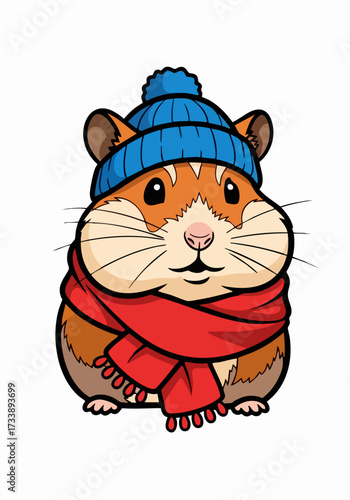 Cute hamster in winter clothes with warm hat and scarf on plain background. Hamster in winter clothes portrait features charming pet in seasonal attire, ideal for holiday greetings. Picture perfect,