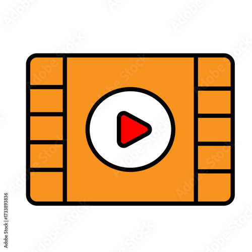 A stylized media player icon featuring a red play button within a filmstrip-like frame.