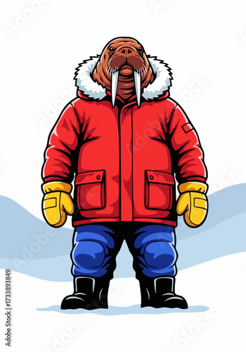 Walrus in winter clothes, a cartoon depiction showcasing a walrus dressed in winter clothes, is a fun and unusual character. Dressed in winter clothes, this image features winter jacket,