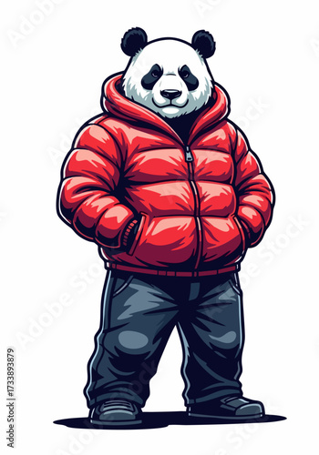 Panda in winter clothes stands isolated on white, showcasing its full figure. Panda in winter clothes, a mammal dressed up, conveys anthropomorphic charm with red jacket,