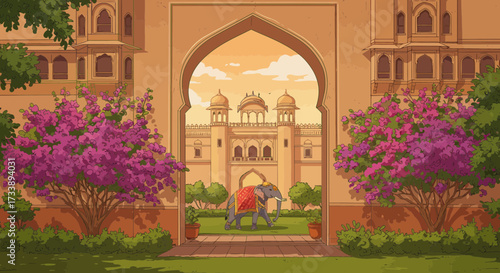 Illustrative depiction of an elephant approaching a majestic Indian palace