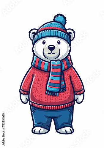 Illustration of polar bear wearing winter clothes with blue hat and striped scarf. Winter clothes make it cosy. Illustration of polar bear, cartoon character wearing winter clothes for cold season.