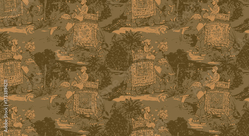 Intricate vintage pattern featuring elephants and riders in a traditional Indian scene