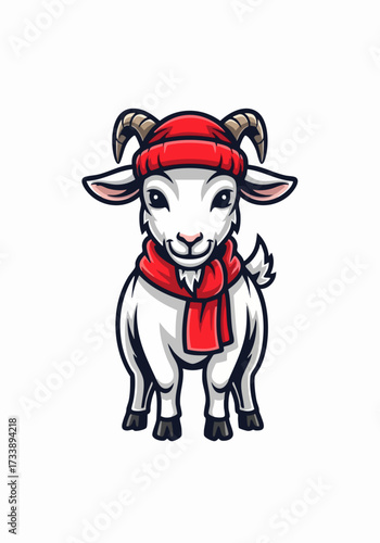 Cartoon goat character with red winter outfit, a cute animal illustration on bright background. Cartoon goat wearing knitted hat and scarf for winter season.