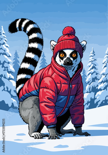 Ring tailed lemur in winter clothes with snow covered trees and blue skies, this ring tailed lemur wears a red puffer jacket and matching hat in chilly environment.
