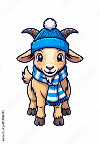 Cute goat in winter clothes is featured in this charming illustration, complete with a blue hat and scarf. Goat in winter clothes, a seasonal animal, brings joyful holiday cheer to any design,