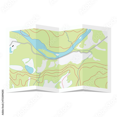 Folded topographic map, isolated on white background