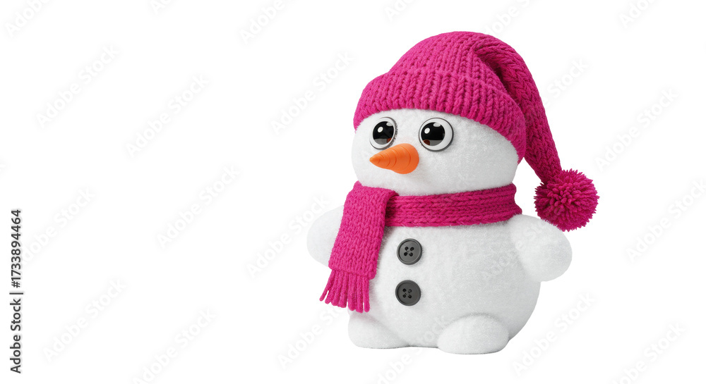 Obraz premium Cute snowman with pink hat and scarf isolated PNG, festive winter holiday character for Christmas and New Year designs