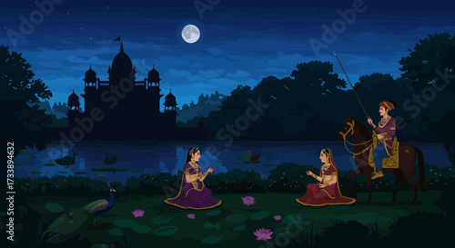 Royal indian historical scene at night with palace, characters, and full moon