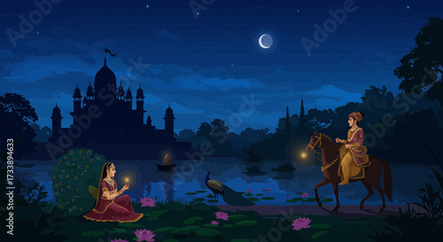 Romantic meeting of an Indian couple against the backdrop of the Taj Mahal at night