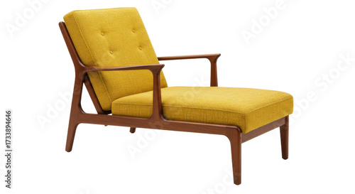 Mid-century modern lounge chair in yellow fabric isolated, vintage armchair with wooden frame for living room or office decor