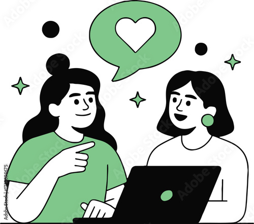 Vector art of two women are looking at a laptop with a heart in a speech bubble, they are smiling in this vector illustration