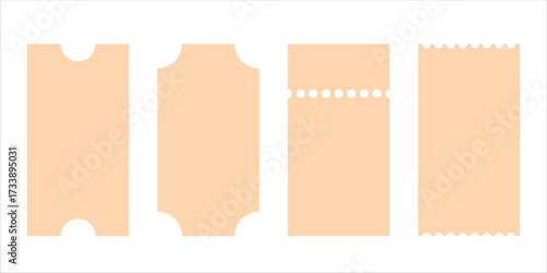 Set of white ticket mockups with ruffle edges. Empty template. Concert, movie or theater ticket. Boarding blank, lottery, sale coupon