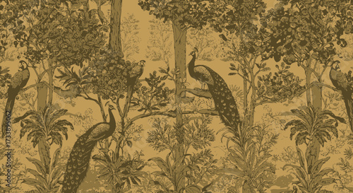 Vintage tropical forest wallpaper design with peacocks and parrots illustration