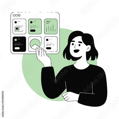 Vector art of a woman is holding a dashboard with charts and graphs, she is wearing a black shirt and smiling in this vector illustration