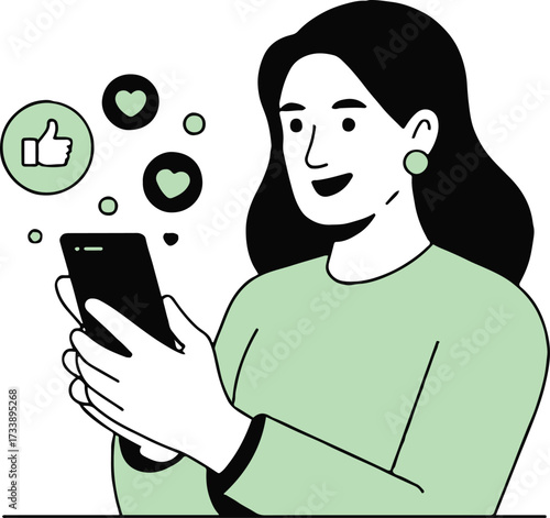 Vector art of a woman is using her smartphone with social media icons floating around, she is smiling and engaged with her phone