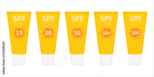 Various SPF level set. Sun cream sunscreen lotion, yellow bottle tube package design collection