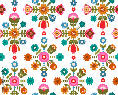 bright cute colorful nordic geometric flowers blooms foliage in pink orange yellow green aqua on transparent background seamless pattern, vector illustratin repeat design print
